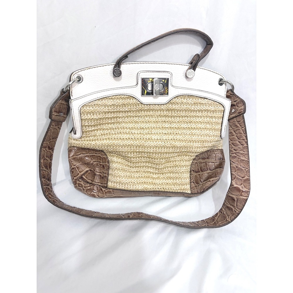 Dana Buchman Straw Satchel Handbag White Faux Leather Croc Trim Woven